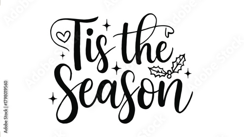 Elegant handwritten calligraphy phrase tis the season with festive christmas holly and sparkling stars in a charming silhouette style