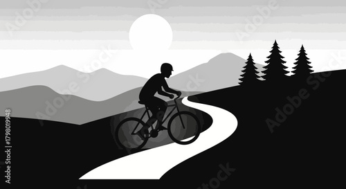 Silhouette of a cyclist riding a bicycle on a winding path through a mountainous landscape under a bright sun.