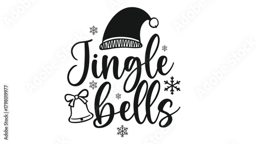 Festive jingle bells christmas greeting with a santa hat silhouette and decorative snowflakes and a bell illustration silhouette