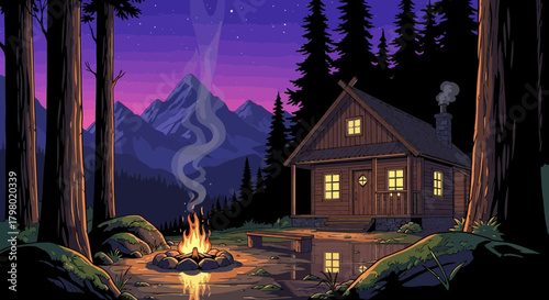 A cozy cabin scene with a campfire, mountains, and a tranquil lake at dusk.