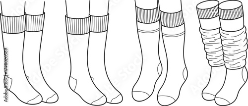 Set of various illustrated sock designs featuring ribbed, plain, and scrunched styles, fashion accessory template for apparel design and product presentation