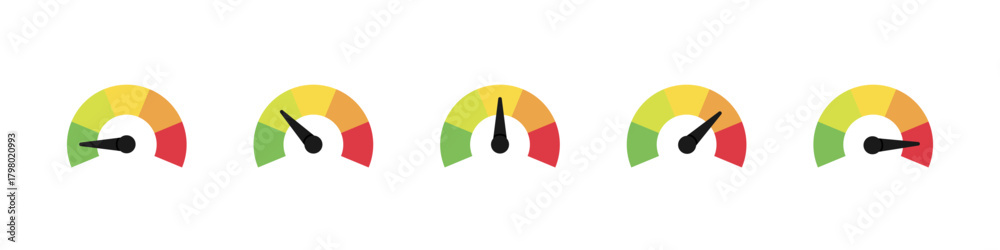 Naklejka premium Gauge scale meter. Level meter vector set. Green to red score measurement panel set.