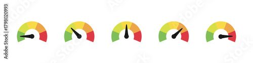 Gauge scale meter. Level meter vector set. Green to red score measurement panel set.