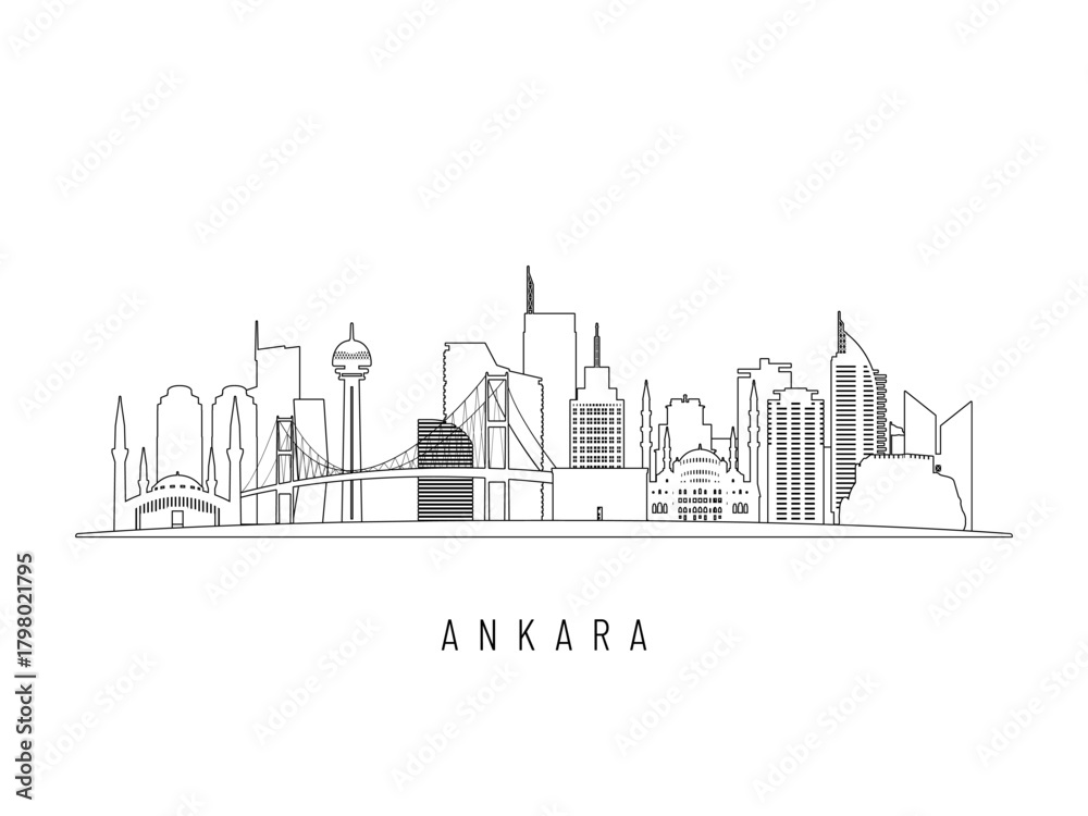 Obraz premium Detailed Ankara skyline vector illustration. Ankara buildings in line art style, perfect for modern designs.