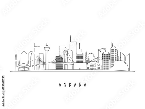 Detailed Ankara skyline vector illustration. Ankara buildings in line art style, perfect for modern designs.