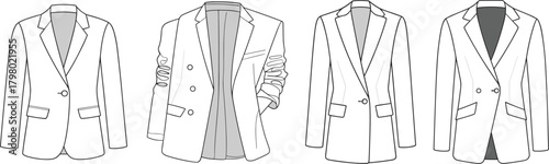 Technical fashion illustration of women’s blazer designs, front views, tailored jacket flats, garment vector template for apparel design and production detailing