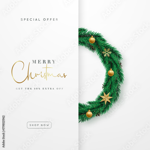 Elegant design featuring festive wreath adorned with golden ornaments, perfect for promotions. Merry Christmas Sale banner.