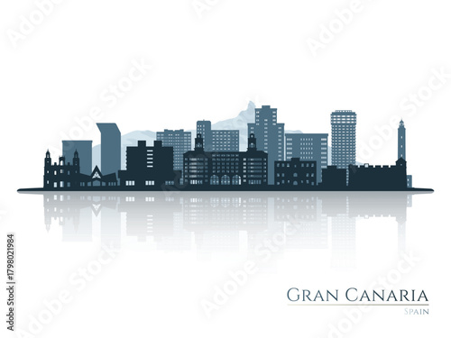 Gran Canaria skyline silhouette with reflection. Landscape Gran Canaria, Spain. Vector illustration.