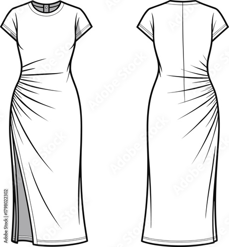 Technical fashion illustration of ruched side-slit midi dress, front and back view, garment flat sketch, apparel design vector template for production