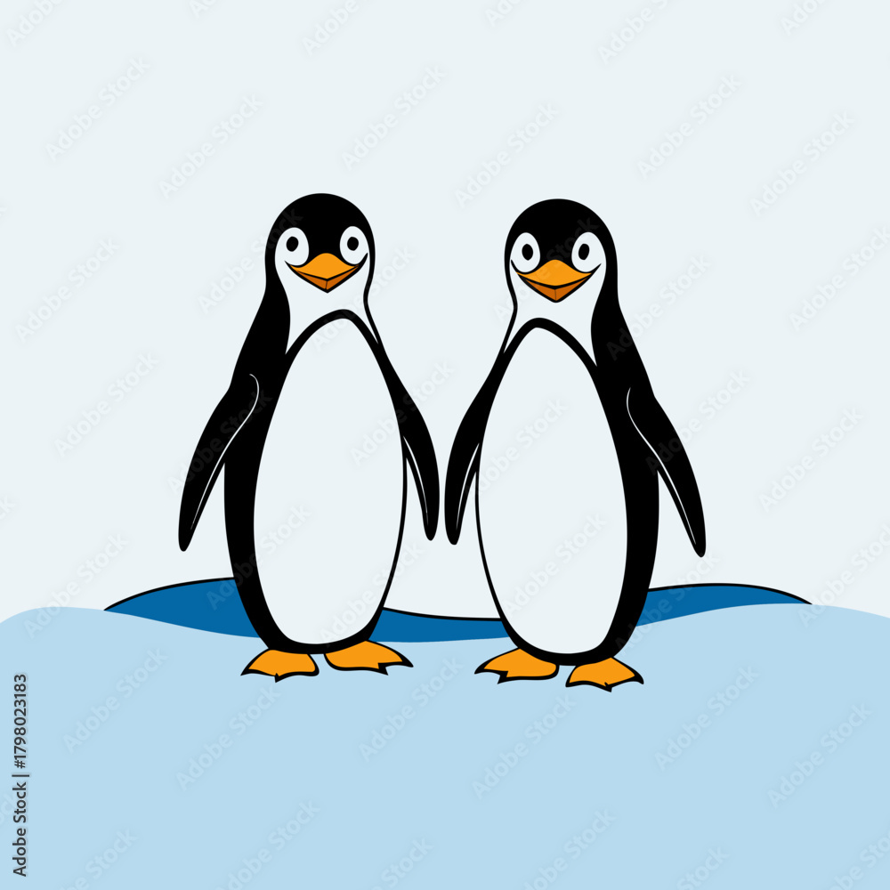 Naklejka premium Two adorable cartoon penguins standing together on ice