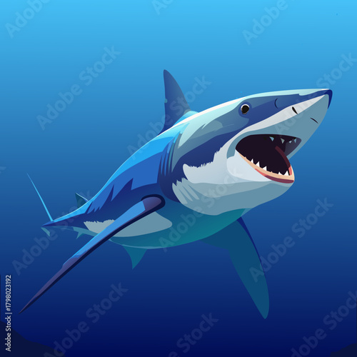 Majestic great white shark swimming open mouth in deep blue ocean waters