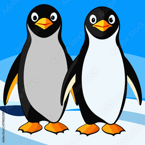Two adorable cartoon penguins standing together on ice under a blue sky