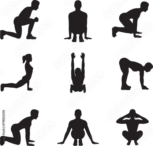 Silhouettes of people performing various fitness exercises and stretches person