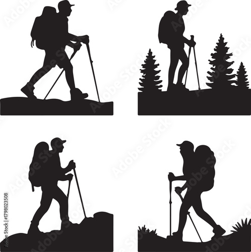 Silhouette of Hikers with Backpacks and Trekking Poles hiking