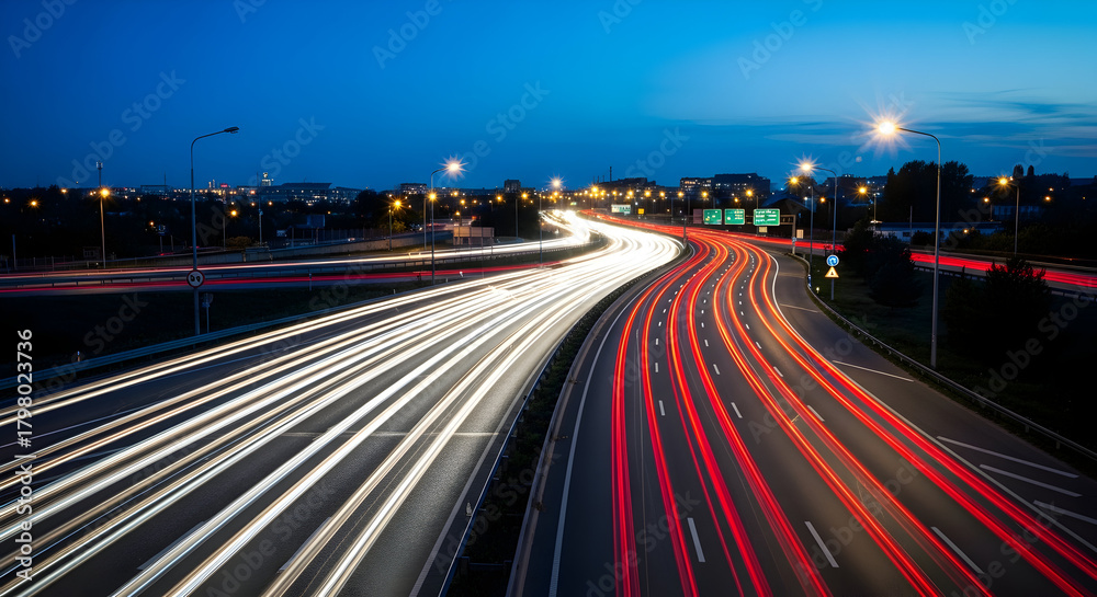 Obraz premium Capturing the dynamic flow of traffic on a highway at dusk with streaks of light from moving vehicles creating a mesmerizing visual spectacle