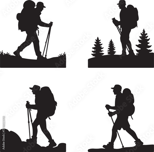 Hiking and Trekking Silhouettes with Backpacks and Poles Keywords: hiking, silhouette, trekker