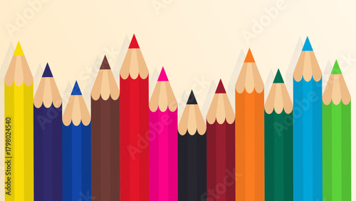 Horizontal banner of a group of standing colored pencils with various colors and heights.