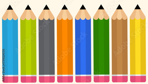 Group of short, colorful pencils with pink erasers arranged in a neat horizontal row.