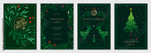Corporate Holiday cards with Christmas tree, reindeers, birds, ornate floral frames, background and copy space. Universal artistic templates.
