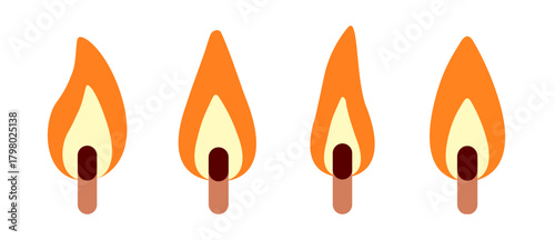 Candle flame icons in different styles shown in close-up. Flat cartoon vector illustrations of isolated flames