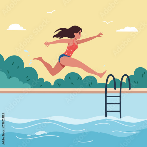 Girl jumping into swimming pool with ladder and bushes under yellow sky summer scene vector illustration 