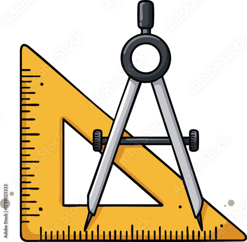 Geometry compass and yellow triangular ruler drawing tools for precise measurements and technical drawing vector illustration 