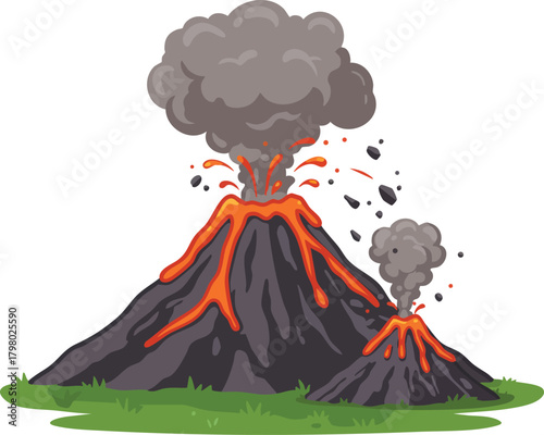 Erupting volcano with lava flow and smoke clouds on green grass vector illustration for natural disaster concept 