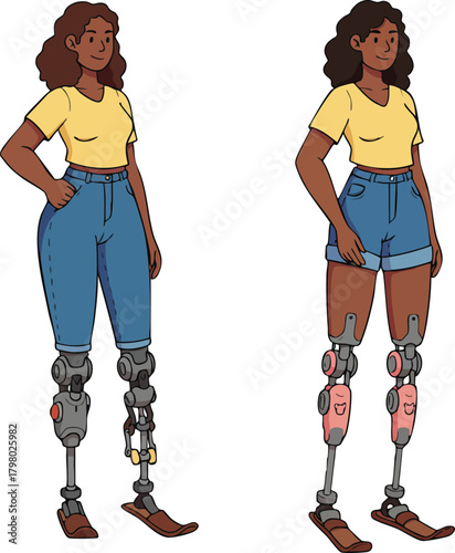 Woman with advanced prosthetic legs wearing casual yellow top and blue bottoms standing confidently vector illustration 