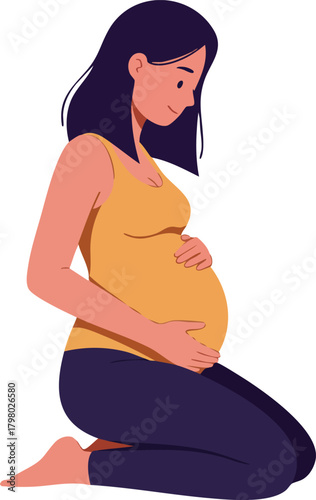 Pregnant woman kneeling in thoughtful pose wearing orange top and dark pants vector illustration 