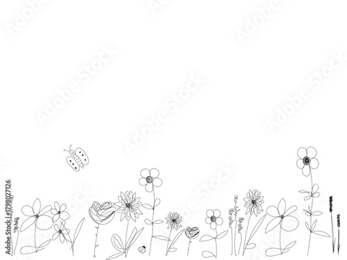 Flower Doodles with Butterfly Cute Floral Sketch Vector Illustration