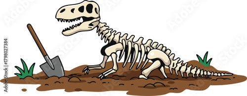 Dinosaur Skeleton Excavation with Shovel and Dirt Illustration in Archaeology Dig Scene 