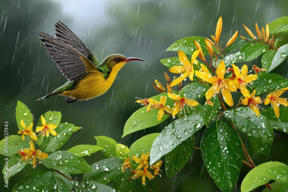 Fototapeta premium A vibrant hummingbird gracefully flies near bright yellow flowers during a light rain shower, showcasing nature's beauty and delicate balance in a tropical setting.