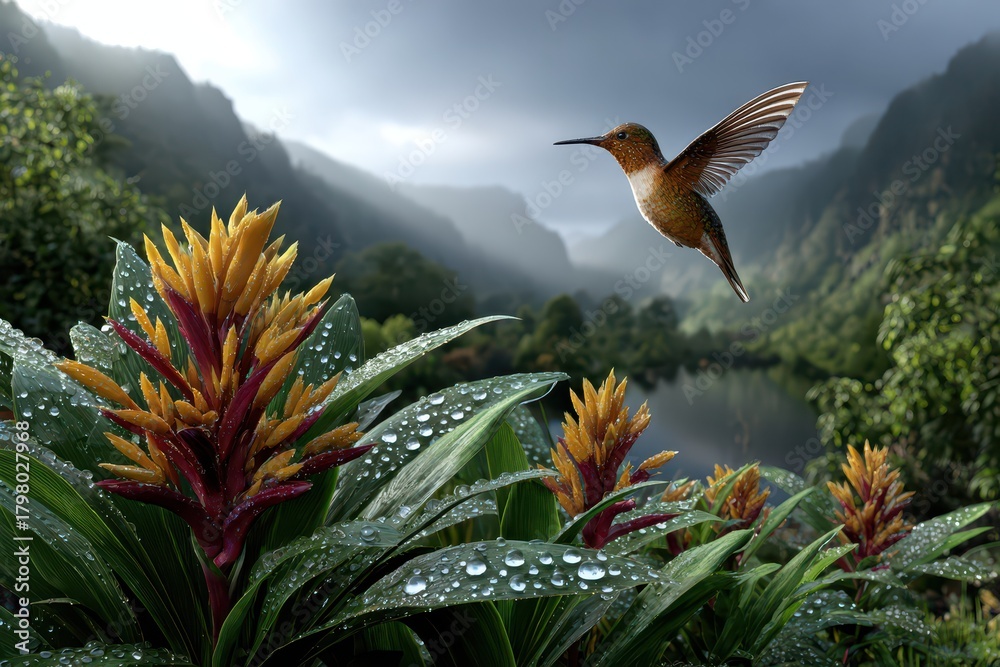 Naklejka premium A vibrant hummingbird gracefully flies amidst colorful flowers and mountain scenery, enjoying the natural beauty and serene atmosphere of the lush environment.
