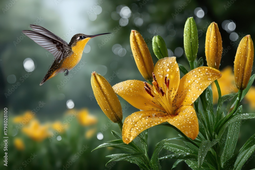 Fototapeta premium A captivating portrait of a hummingbird in flight, gracefully approaching a vibrant yellow lily, adorned with delicate water droplets in a soft, dreamy garden setting.