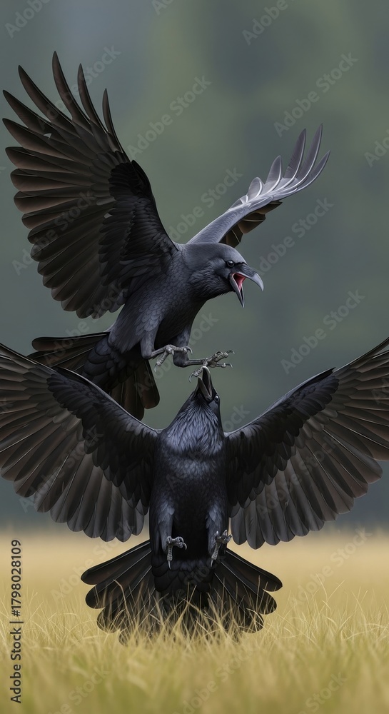 Naklejka premium Powerful black ravens in an intense aerial conflict, wings outstretched, one bird lunging at another above golden grass.