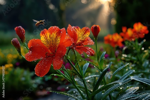 Close-up of vibrant red and yellow alstroemeria flowers with water droplets, illuminated by soft sunlight, with a bee approaching the blooms in a lush garden setting.