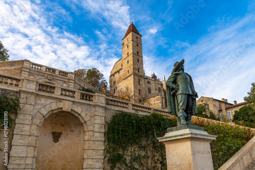 Statue of D'artagnan in front of the Armagnac tower, in Auch, Gers, Occitanie, France.