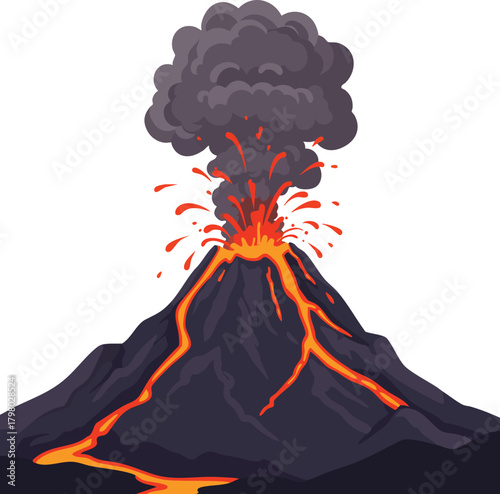 Volcano erupting with lava flow and dark smoke plume vector illustration of volcanic mountain nature disaster scene 