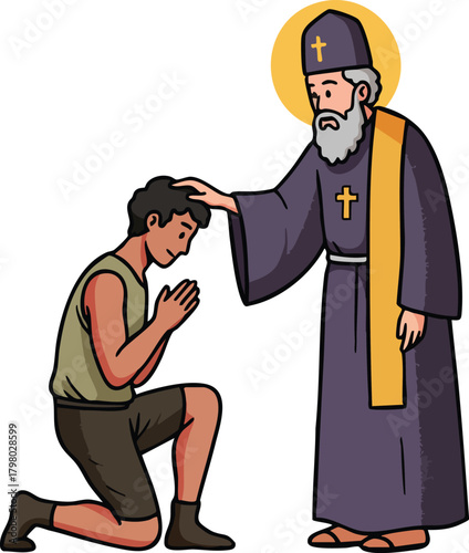 Religious priest blessing kneeling man vector illustration depicting faith and spirituality in culture and religion 