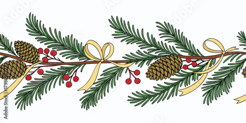 Realistic Christmas garland horizontal border with fir branches, pine cones, red berries and golden ribbons on white background vector