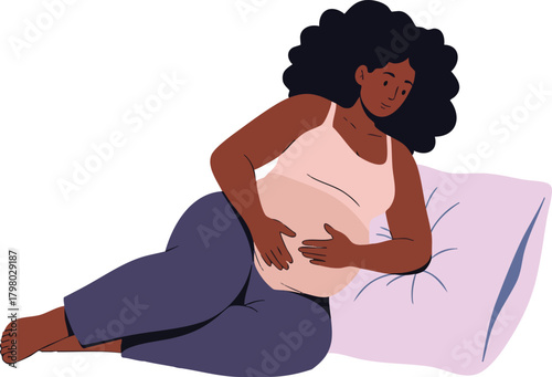 Pregnant woman lying on side holding belly resting on pillow illustration vector image 