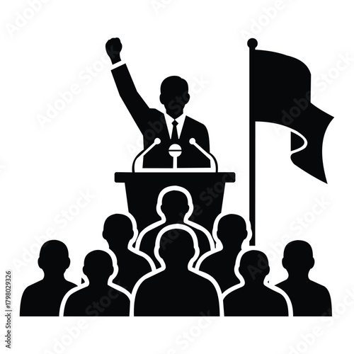 Silhouette of a politician giving a speech at a podium with a flag and audience, vector illustration