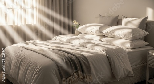 Sunlight streams through sheer curtains onto a neatly made bed with soft neutral bedding and pillows