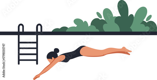 Woman swimming pool exercise in black swimsuit outdoor fitness activity vector illustration 