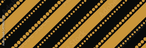 A repeating pattern of diagonal gold stripes and lines of gold circles on a black background design art