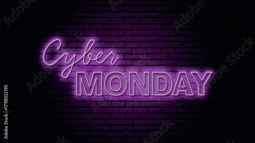 Cyber monday neon sign with dollar signs and percentage symbols on a dark brick wall background