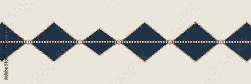 A repeating pattern of dark blue diamond shapes connected by a string of small beads on a light background
