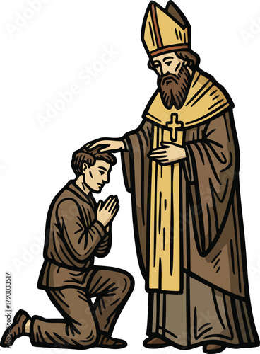 Religious bishop blessing kneeling man in prayer illustration with detailed robes and cross symbol vector artwork 