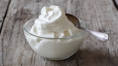 Fresh creamy sour cream in a glass bowl on wooden background. Generative AI