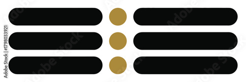 Three rows of black rounded rectangles with three gold circles in the middle on a white background
